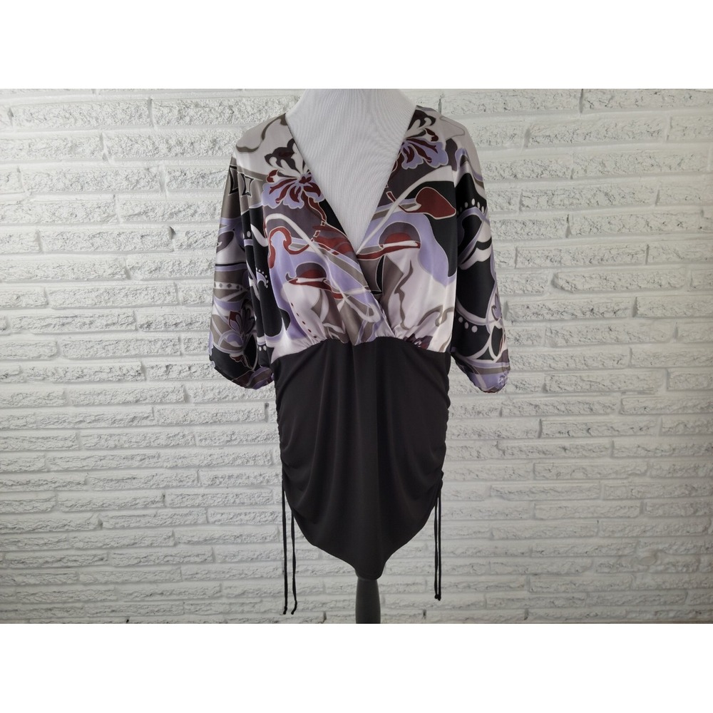 Lane Bryant Women's 18/20 Purple Geometric V-Neck Short Sleeve Blouse Top Office